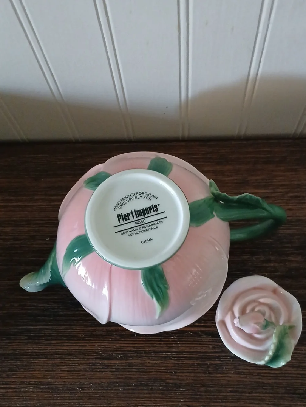 Pier 1 Imports Pink Rose Bud Shaped Flower Teapot Handpainted Flowers Ornate